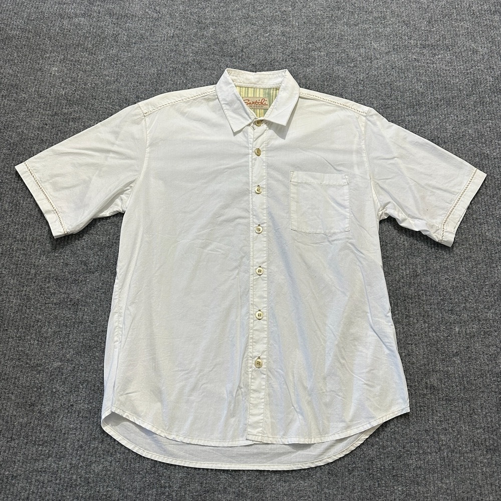 Santiki Mens Button Shirt‎ Size L White Cotton Green Striped Lined Short Sleeve